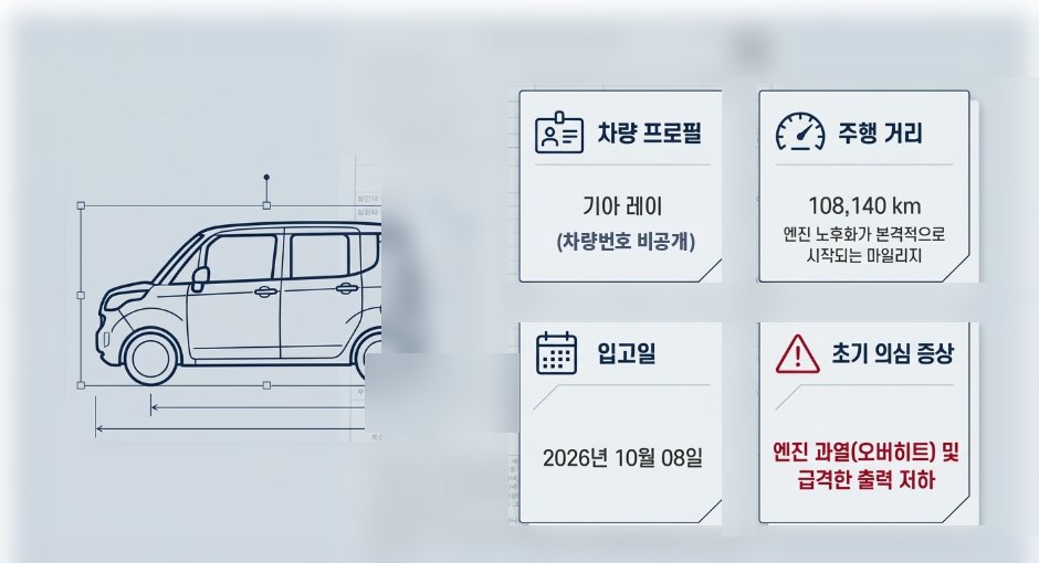 레이 차량 정보 — 주행 108,140km, 초기 증상은 과열과 출력 저하