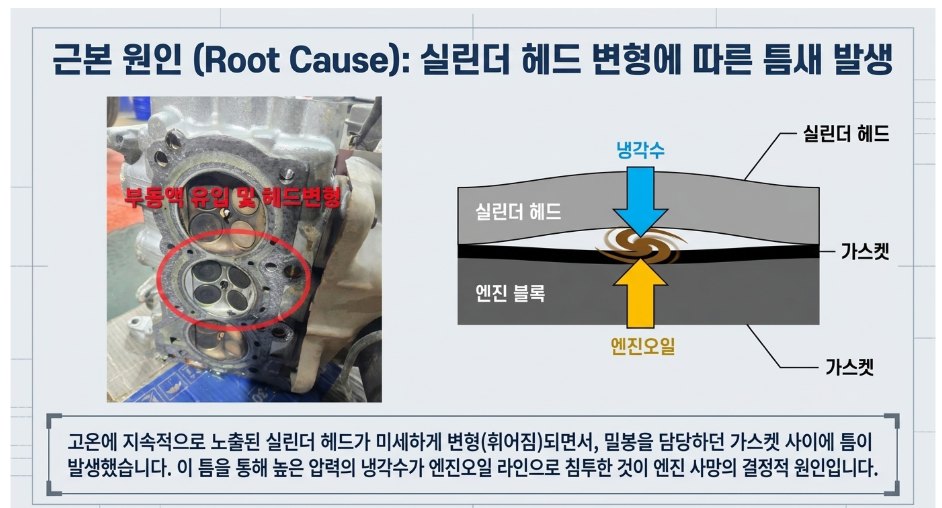 레이 원인 — 고온에 휘어버린 실린더헤드. 가스켓 밀봉면에 틈이 생겨 냉각수가 오일 쪽으로 침투